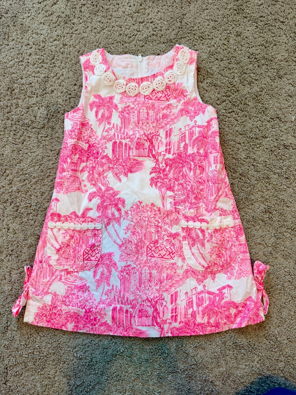 Lilly Pulitzer Girls Pink Toile Sleeveless Dress with Rosette Trim